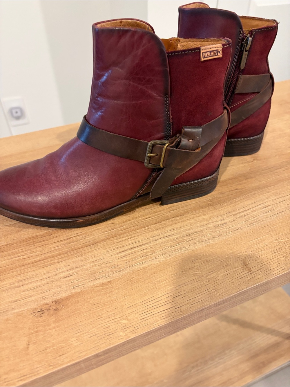 PIKOLINOS Wine Red Leather Ankle Boots with Brown Strap